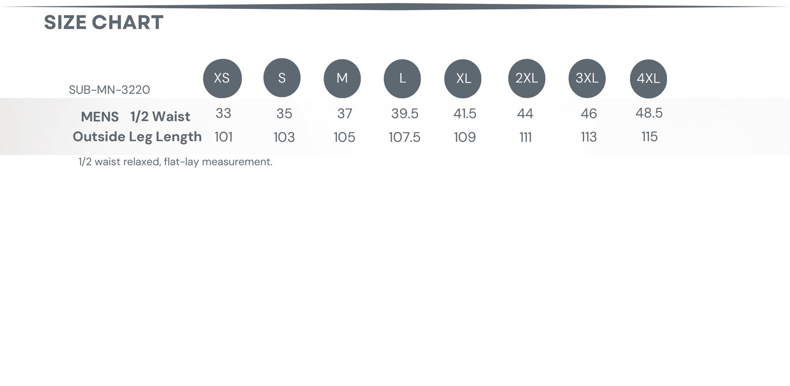 Sublimated Cricket / Bowls Pants size chart