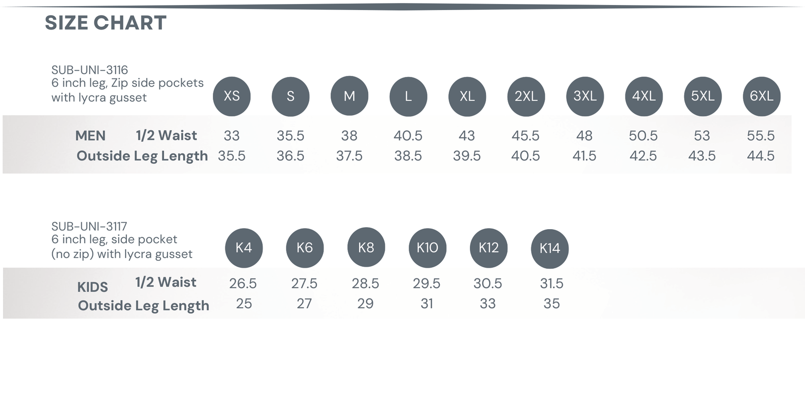 Sublimated Everyday Short size chart