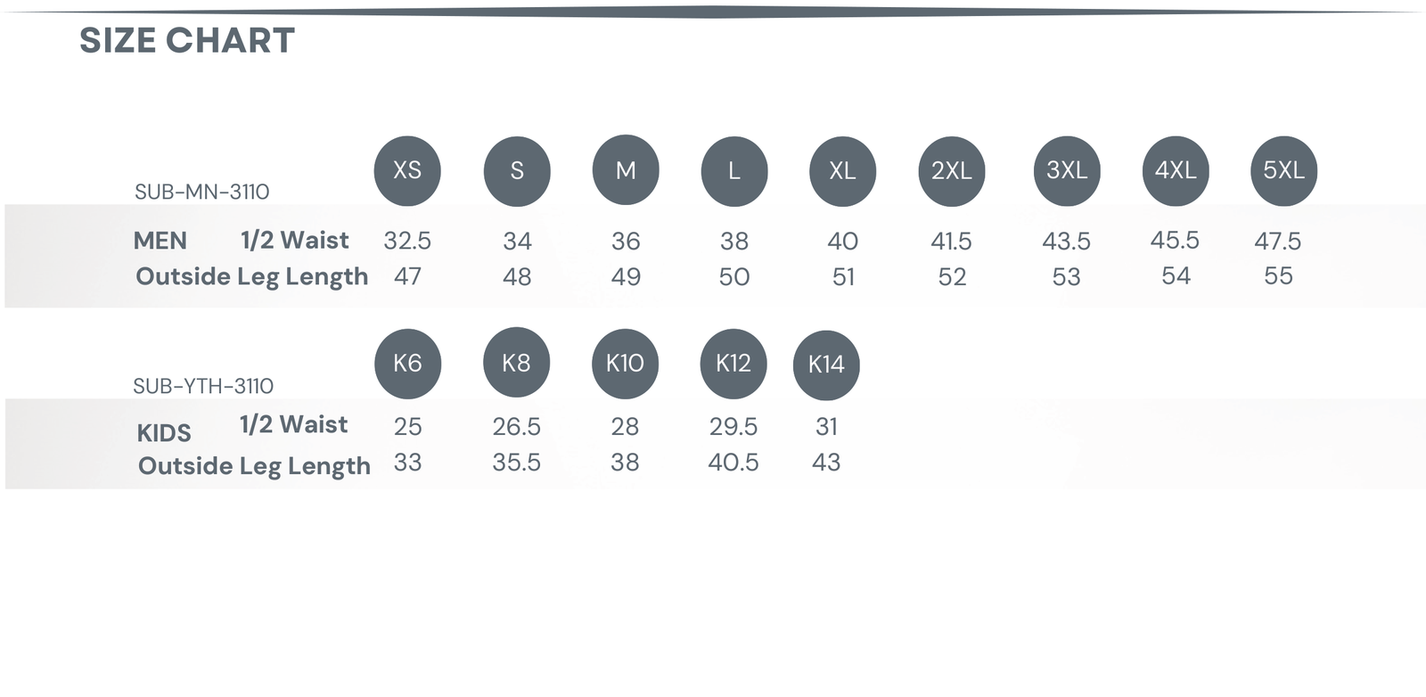 Sublimated Football / Hockey Short size chart