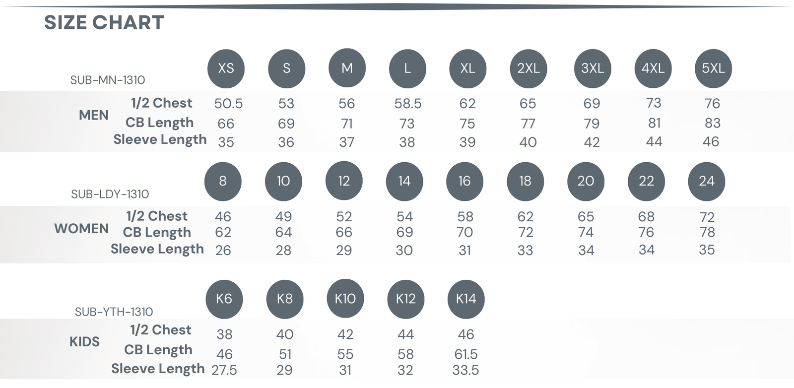 Sublimated Football / Hockey Tee size chart