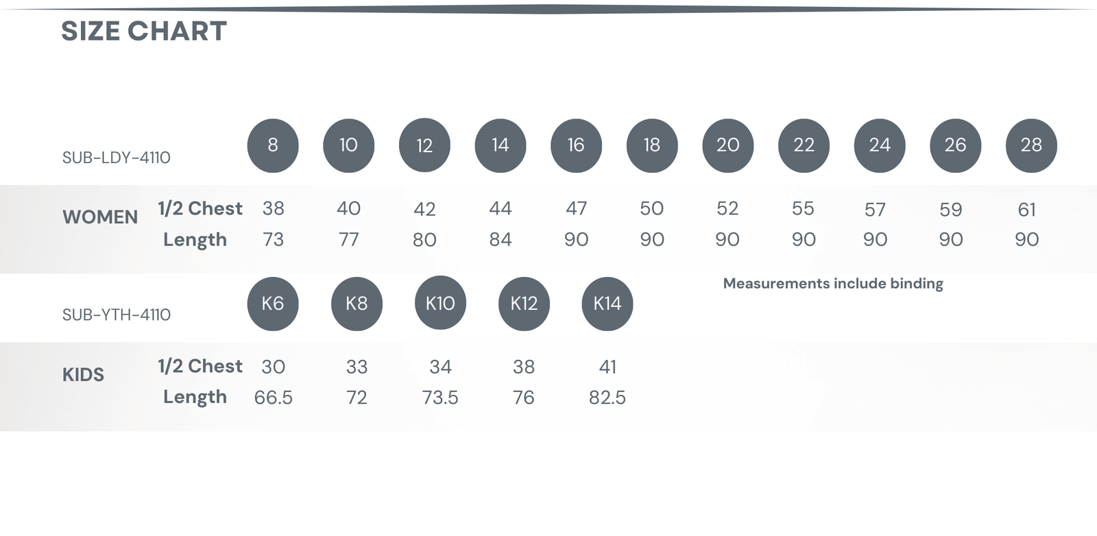 Sublimated Netball / Hockey Dress size chart
