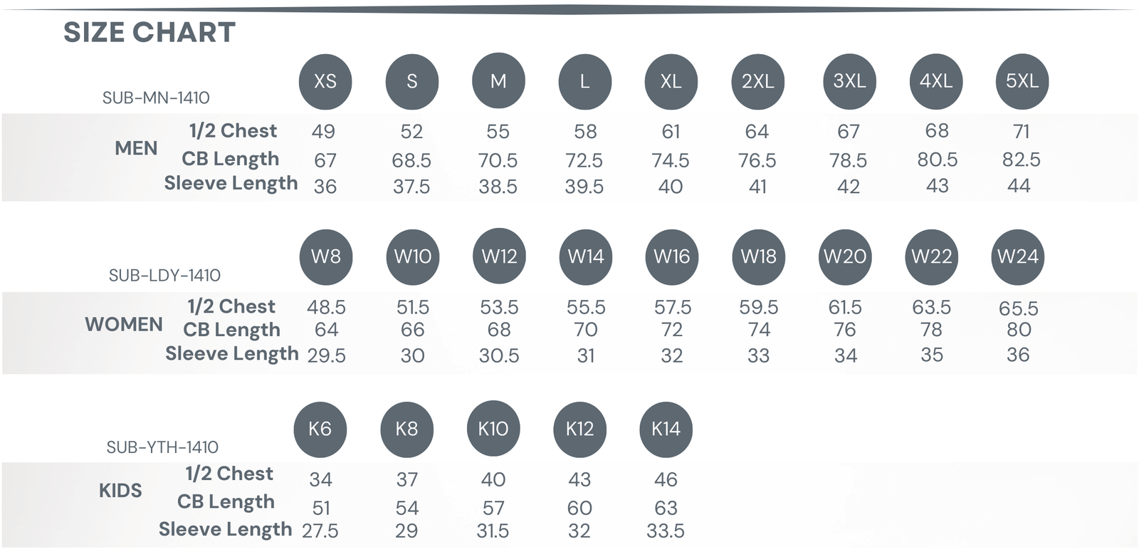 Sublimated Sports Polo size chart