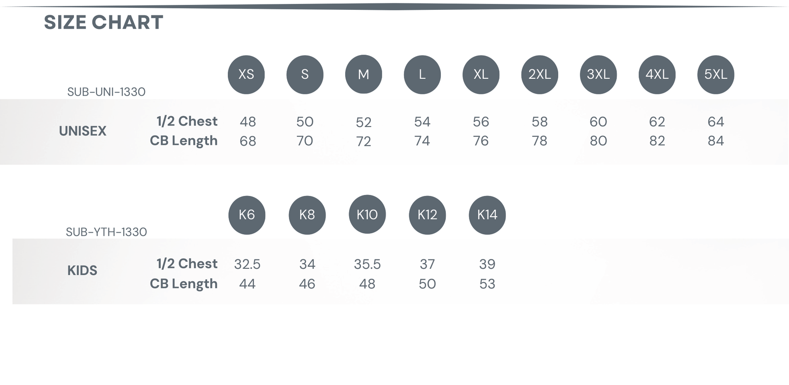 Sublimated Rashies size chart