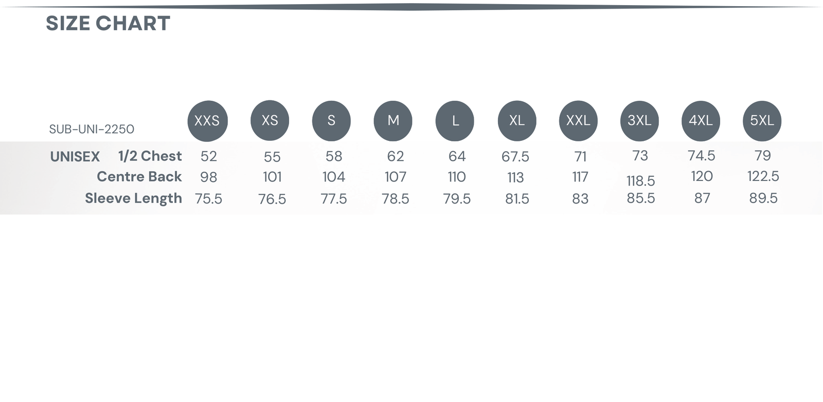 Sideline / Pool Jacket size chart