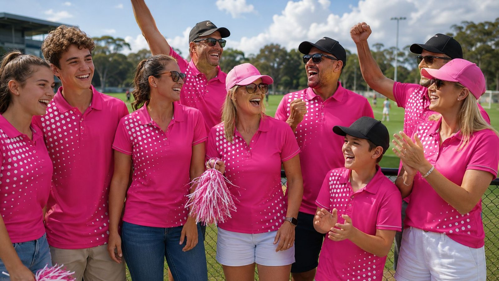 Family and supporters in custom pink polos
