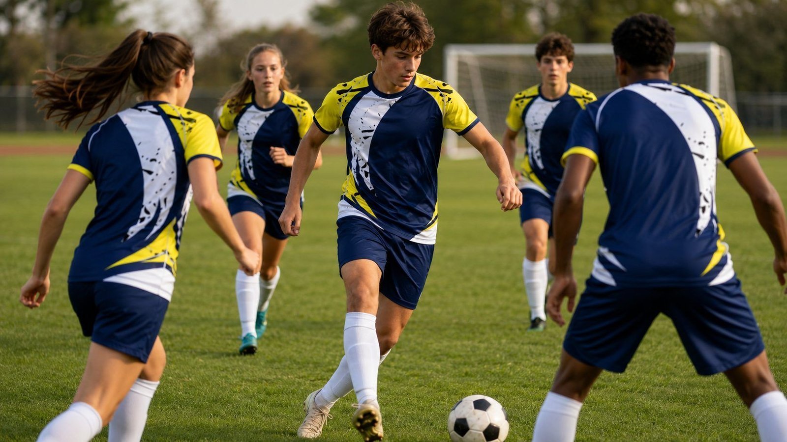 Football team in custom navy and yellow kits